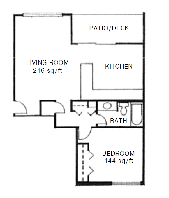 Floor plan for 1 bed, 1 bath, 680 sqft